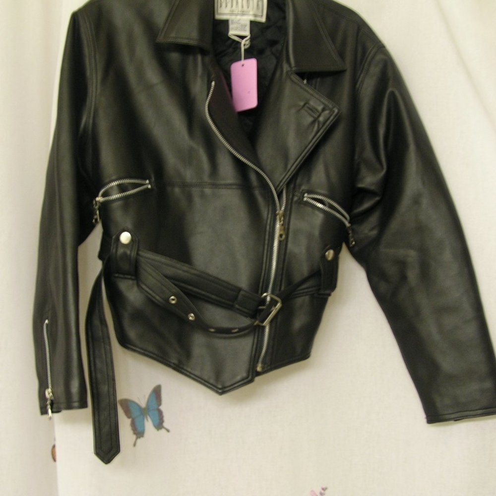 Black PVC vintage 90S? PU faux leather biker motorcycle jacket M 12 14 BB Dakota